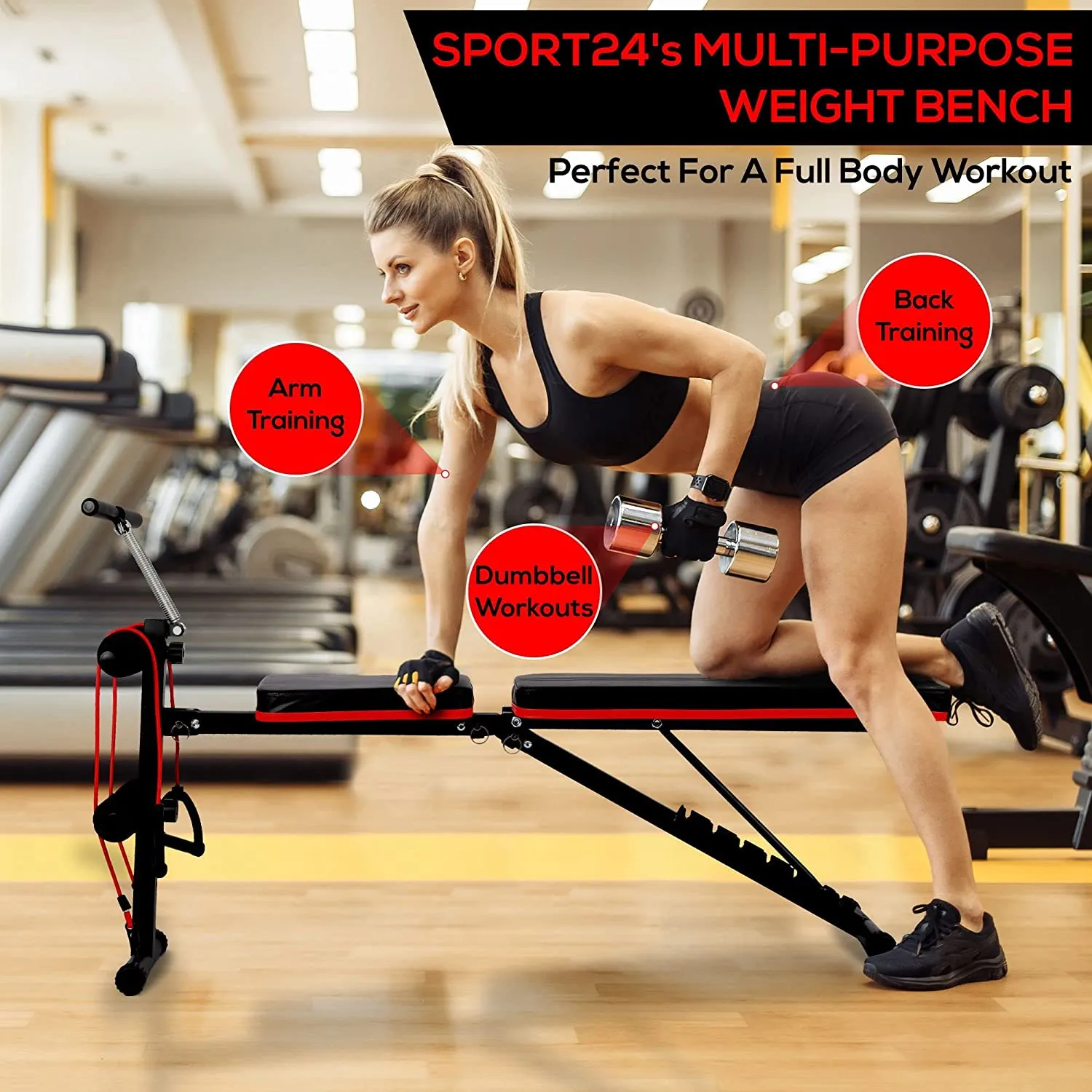 SPORT24 New And Improved 2023 Weight Bench Adjustable, Full Body Exercise Folding Fitness Workout Bench with 6 Positions, Exercise Bench for Weight Lifting & Sit Up Abdominal Supine Board Flat Home Gym