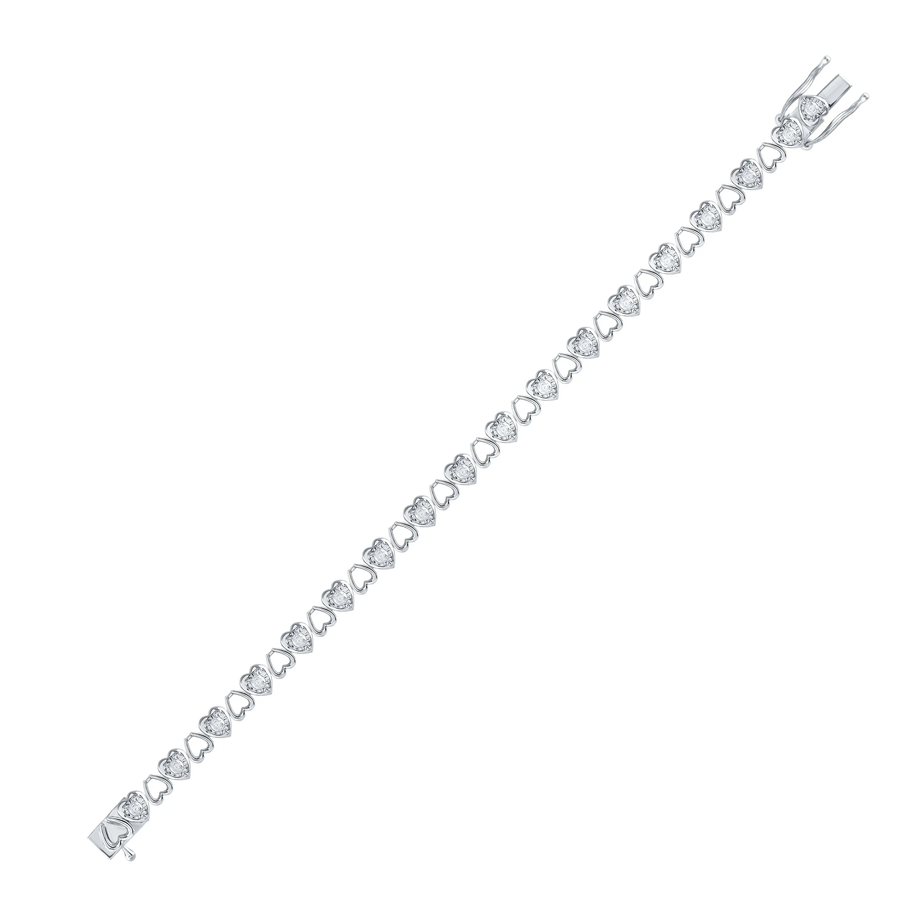 Sterling Silver Womens Round Diamond Heart Bracelet 1.00 Cttw
