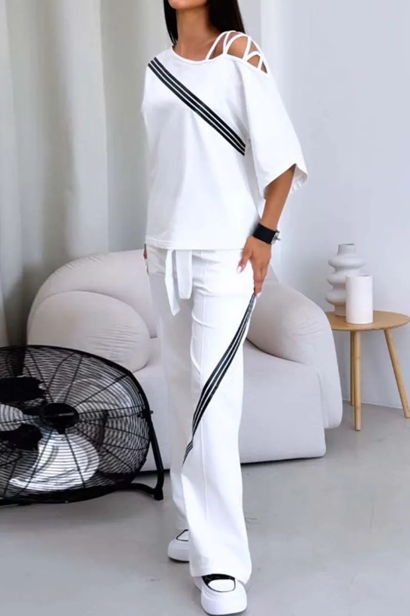 Striped Print Basic Oblique Collar Half Sleeve Two Pieces