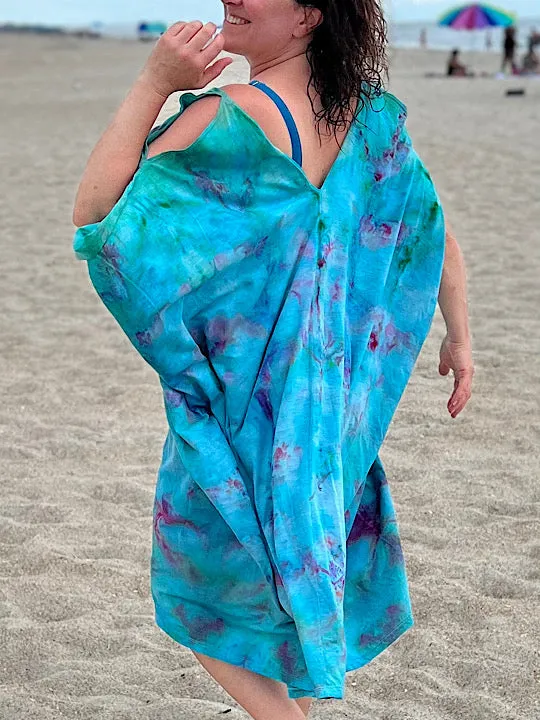 Tie Dye Cold Shoulder Kaftan - Carribbean Blue - One Size