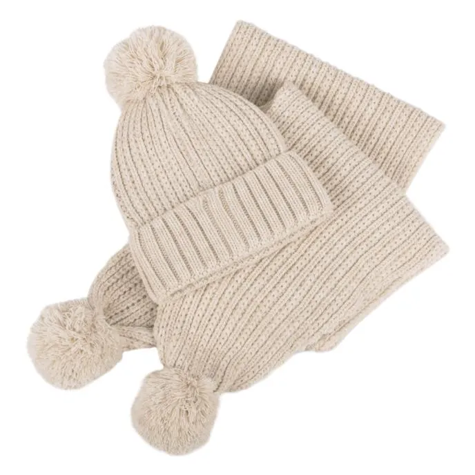 Totes Toasties KNITTED Hat And Scarf Set with Pom Pom Detail Womens Oat