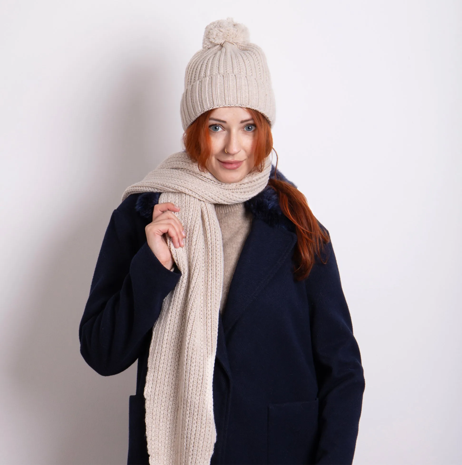 Totes Toasties KNITTED Hat And Scarf Set with Pom Pom Detail Womens Oat
