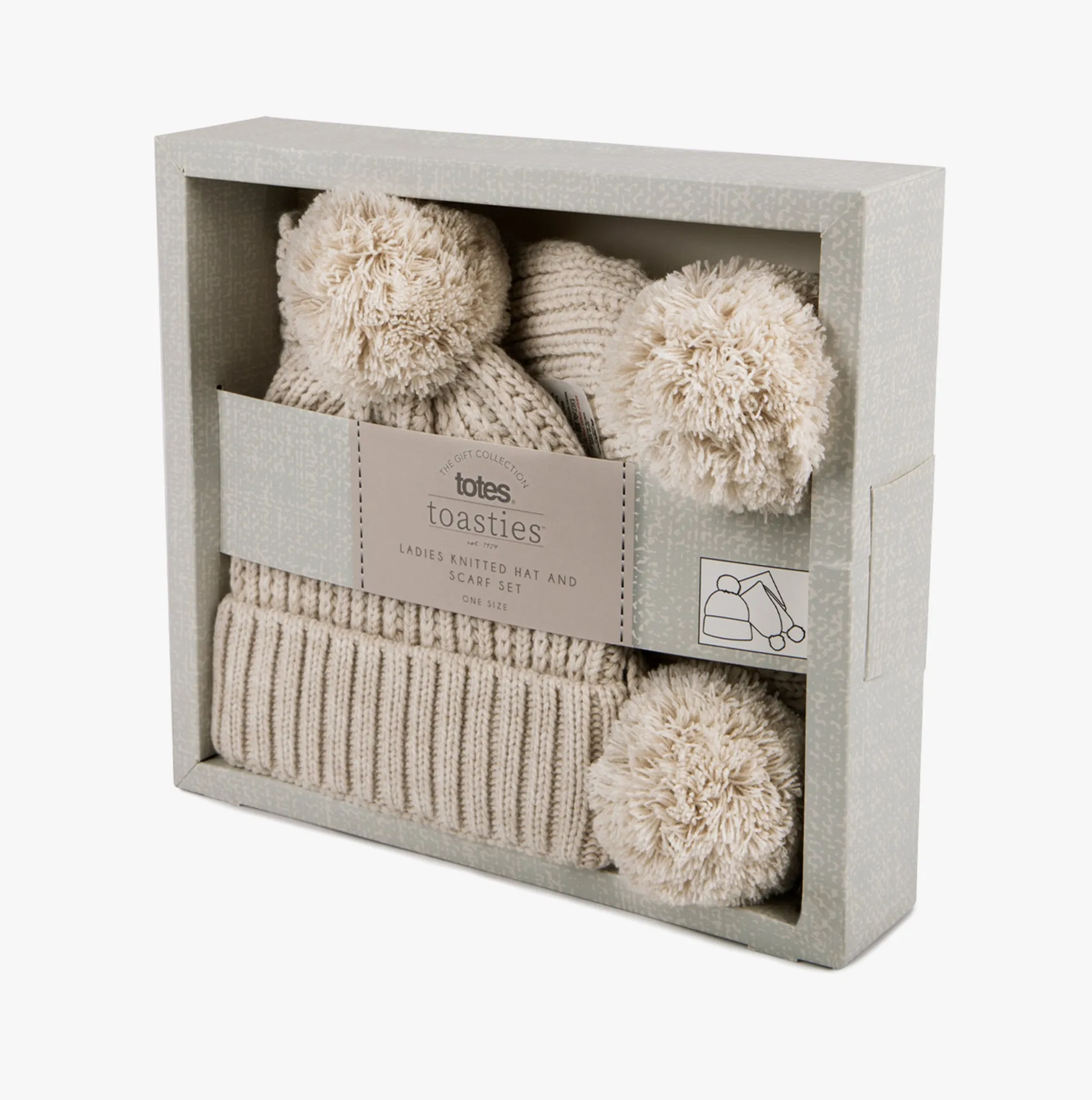 Totes Toasties KNITTED Hat And Scarf Set with Pom Pom Detail Womens Oat