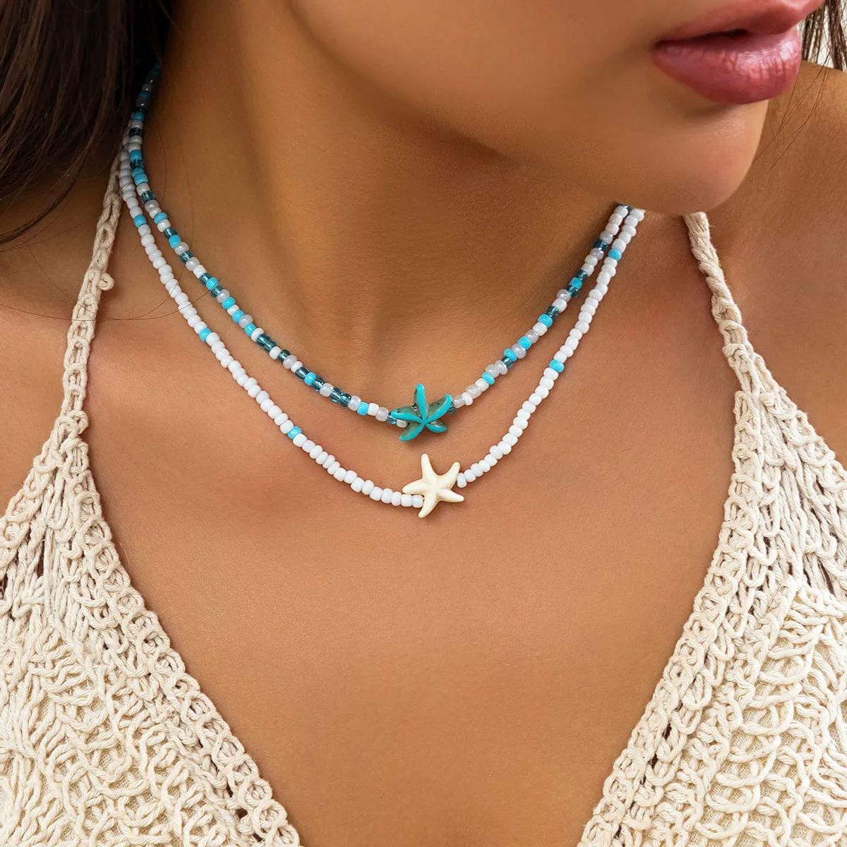 Trendy Layered Starfish Turtle Seed Bead Necklace Set