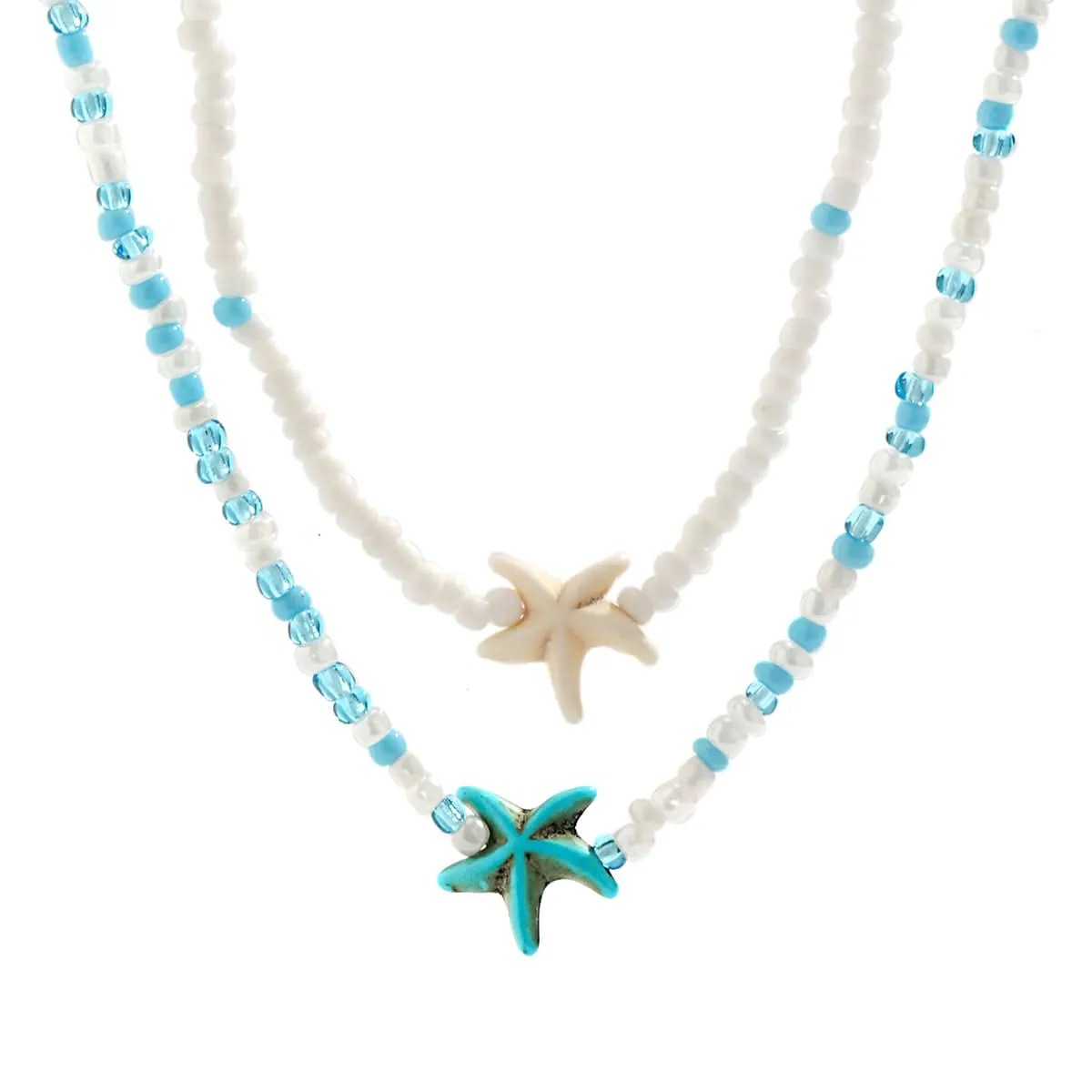 Trendy Layered Starfish Turtle Seed Bead Necklace Set