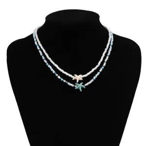 Trendy Layered Starfish Turtle Seed Bead Necklace Set