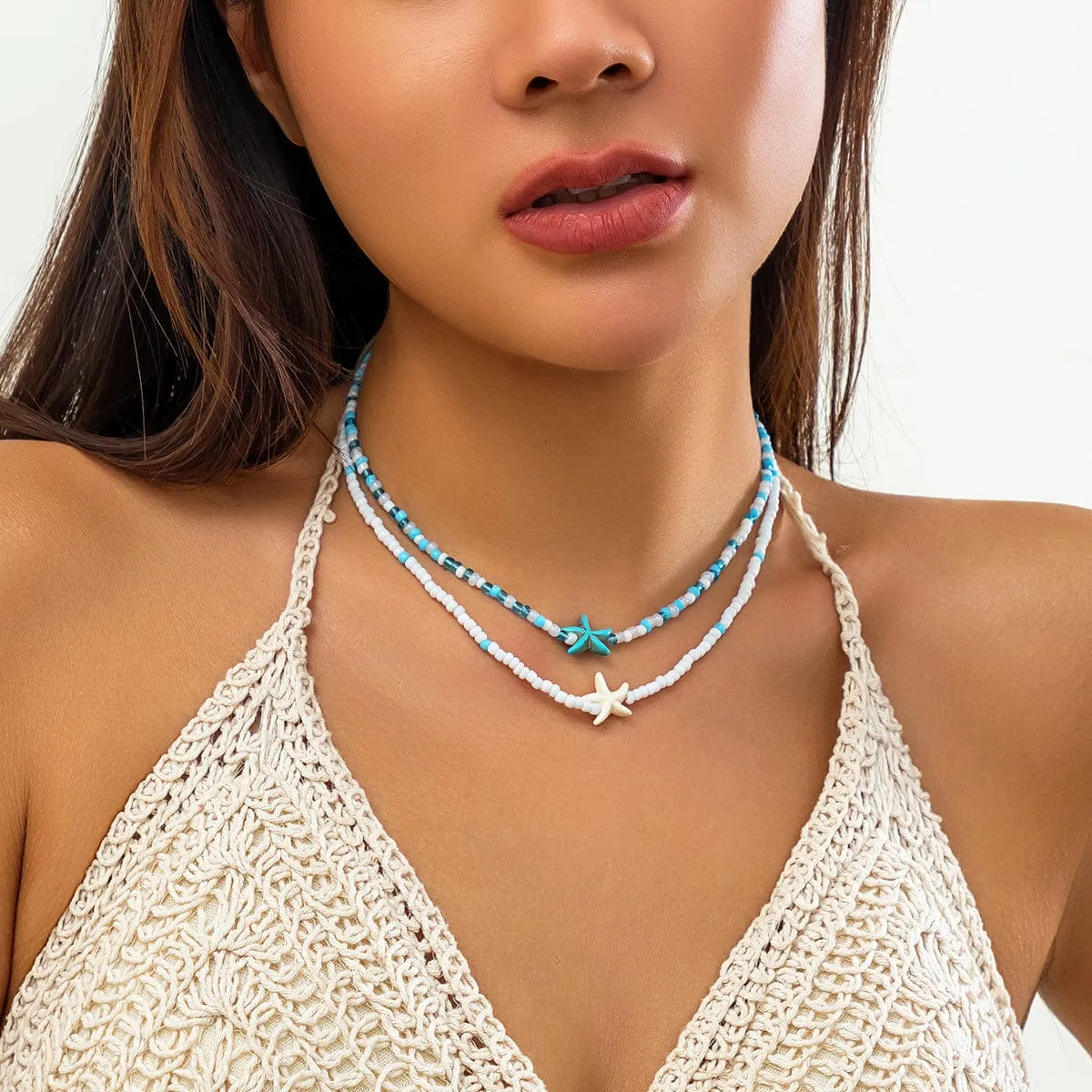 Trendy Layered Starfish Turtle Seed Bead Necklace Set