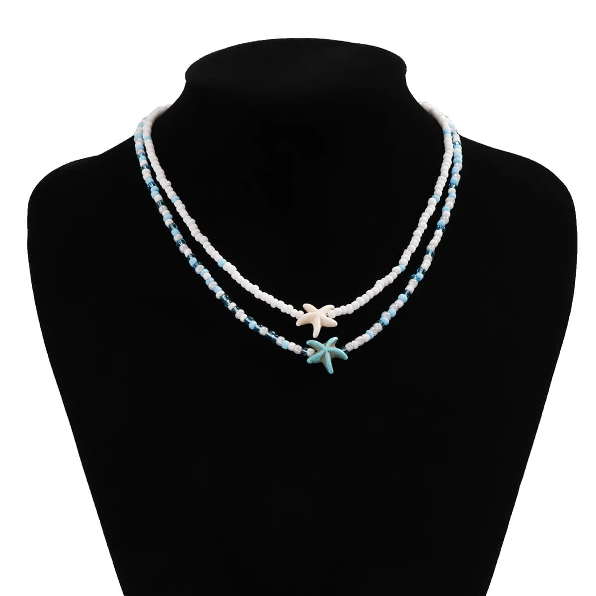 Trendy Layered Starfish Turtle Seed Bead Necklace Set