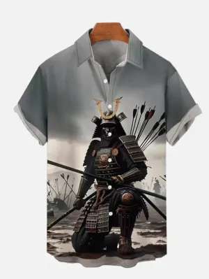 Trendy Samurai Print Short Sleeve Shirt