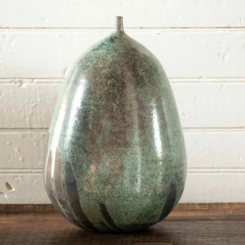 Turquoise Raku Angular Sphere Lip Vessel-11"