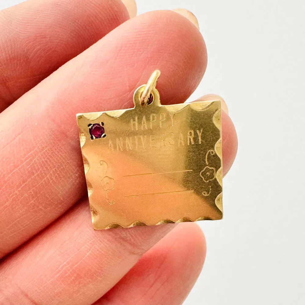 Vintage 14K Gold "Happy Anniversary" Charm w/ Ruby