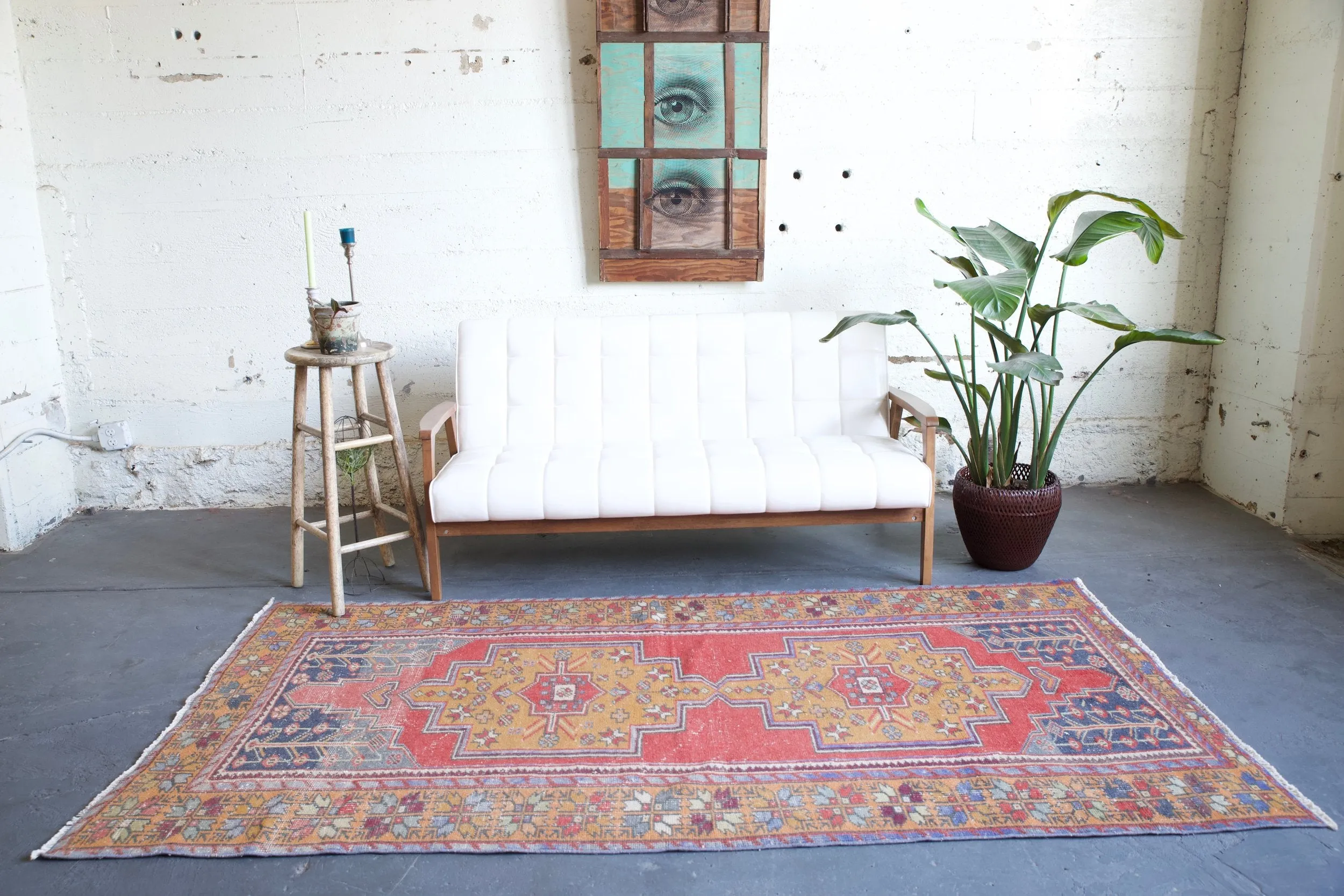 Vintage Turkish Faded Anatolian Rug 4.3ftx8.2ft