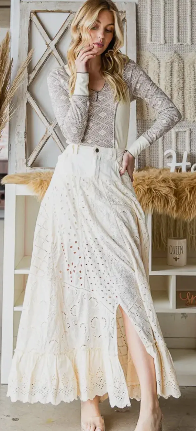 Washed Eyelet Mixed Maxi Skirt