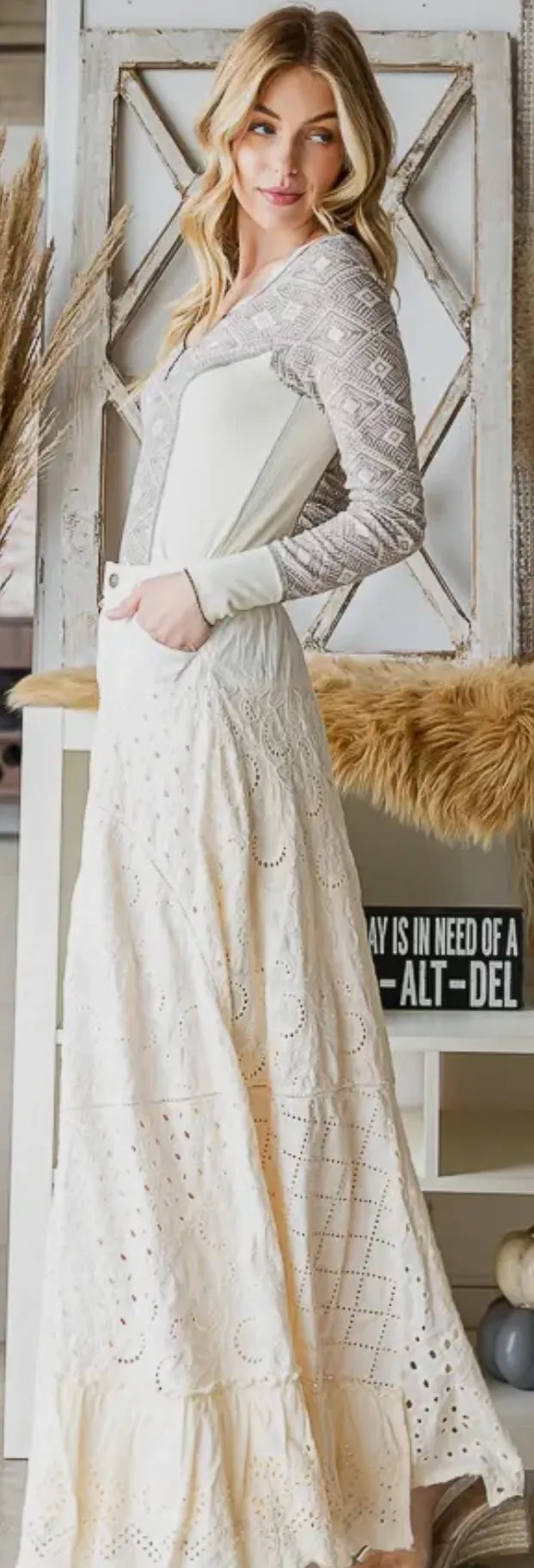 Washed Eyelet Mixed Maxi Skirt