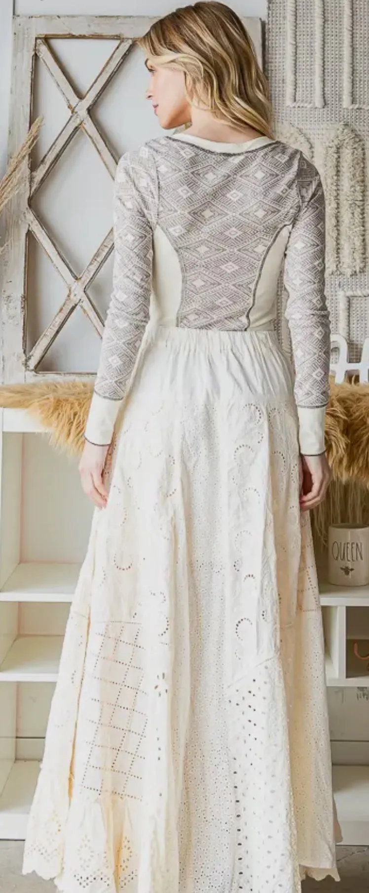 Washed Eyelet Mixed Maxi Skirt