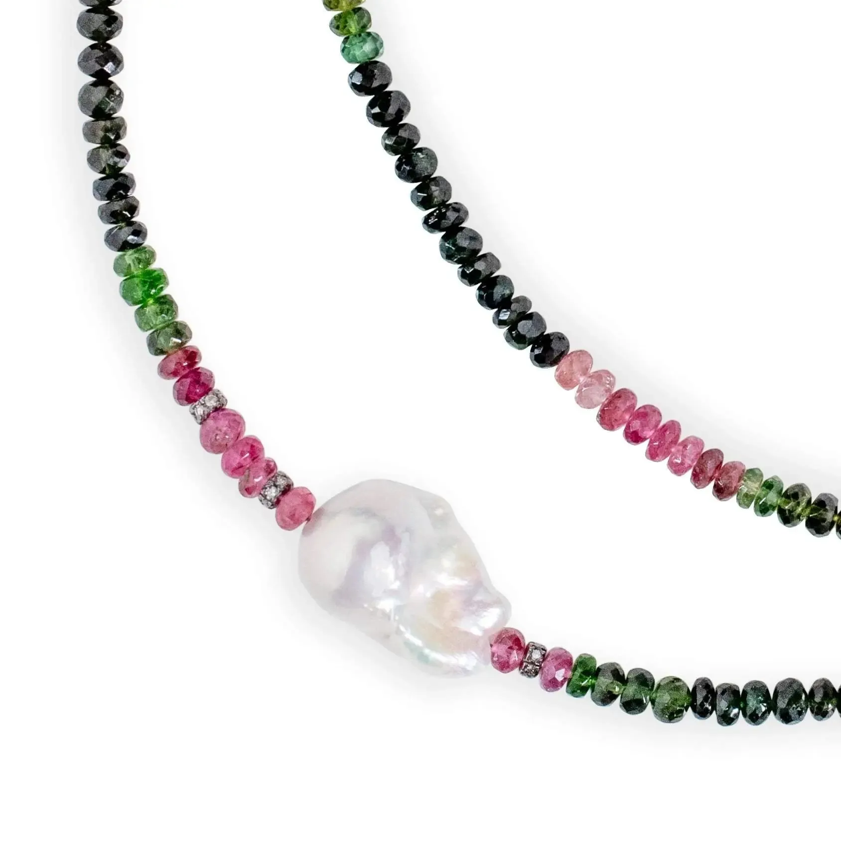 Watermelon Tourmaline Diamond Baroque Pearl Necklace