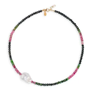 Watermelon Tourmaline Diamond Baroque Pearl Necklace