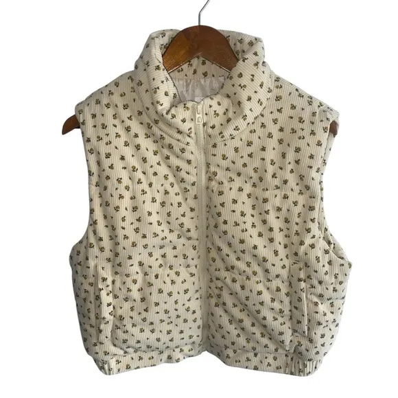Women's Altar'd State NWT Ivory &amp; Yellow Floral Puffer Vest