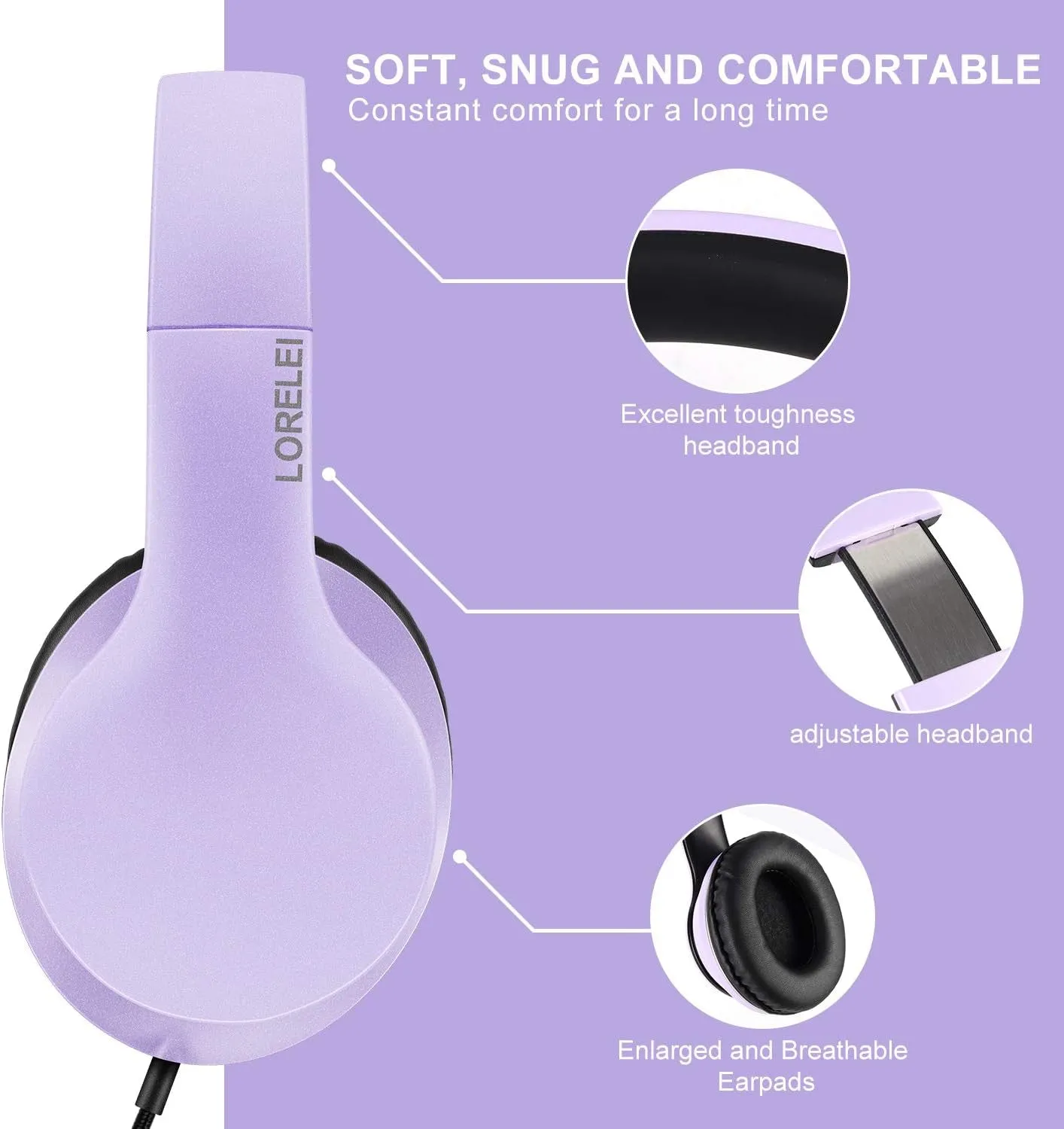 X6 Over-Ear Headphones with Microphone, Lightweight Foldable & Portable Stereo Bass Headphones with 1.45M No-Tangle,Wired Headphones for Smartphone Tablet MP3 / 4 (Purple-Black)