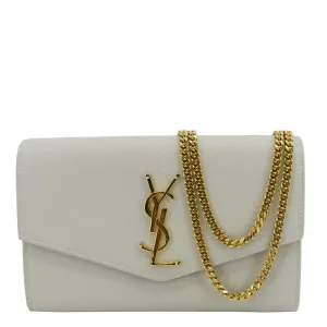 YVES SAINT LAURENT Uptown Grain De Poudre Embossed Leather Chain Wallet White