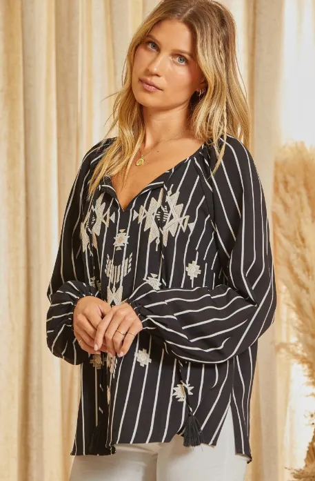 Ziley Striped Top with Aztec Embroidery