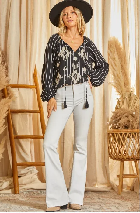 Ziley Striped Top with Aztec Embroidery